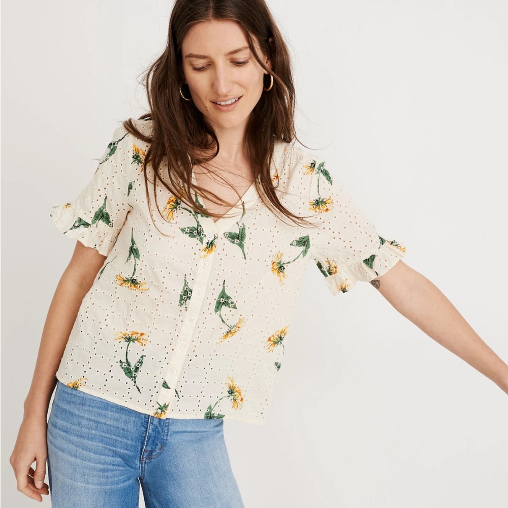 Madewell Eyelet Village Ruffle-Sleeve Shirt in Sunflower Scatter